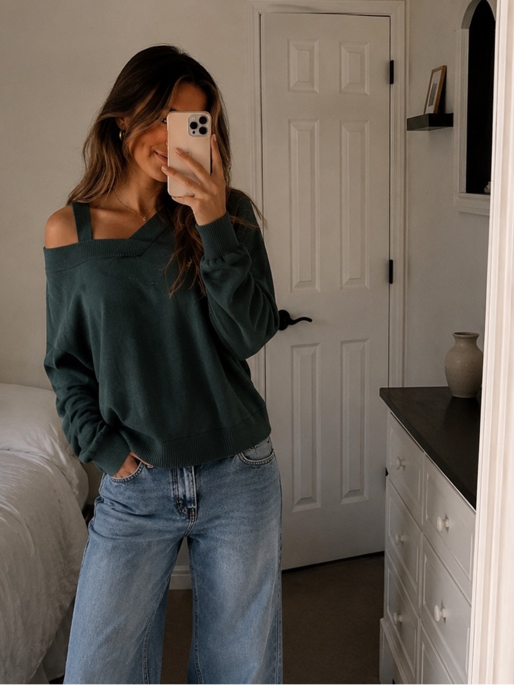Jessica Simpson green Off-the-Shoulder Sweater with Strap fall staple large